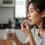Ilustrasi perempuan meminum obat
