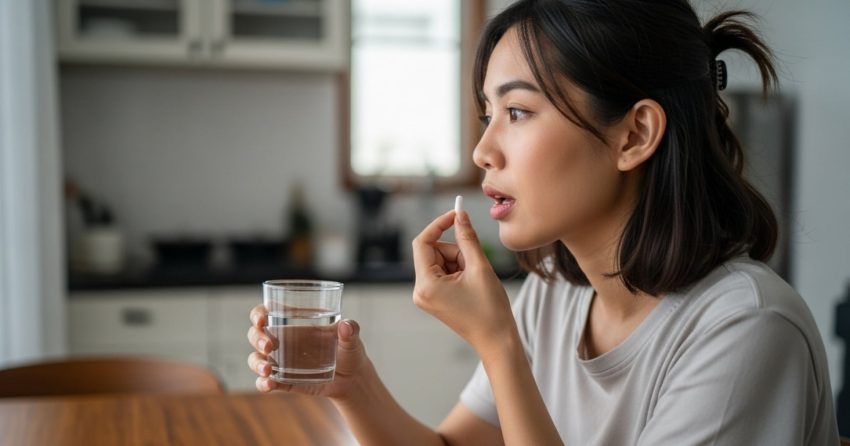 Ilustrasi perempuan meminum obat